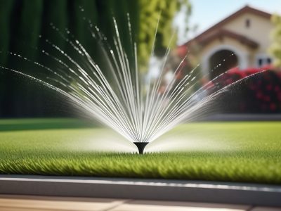Automatic lawn sprinkler watering green grass on the backyard. Garden irrigation system lawn.